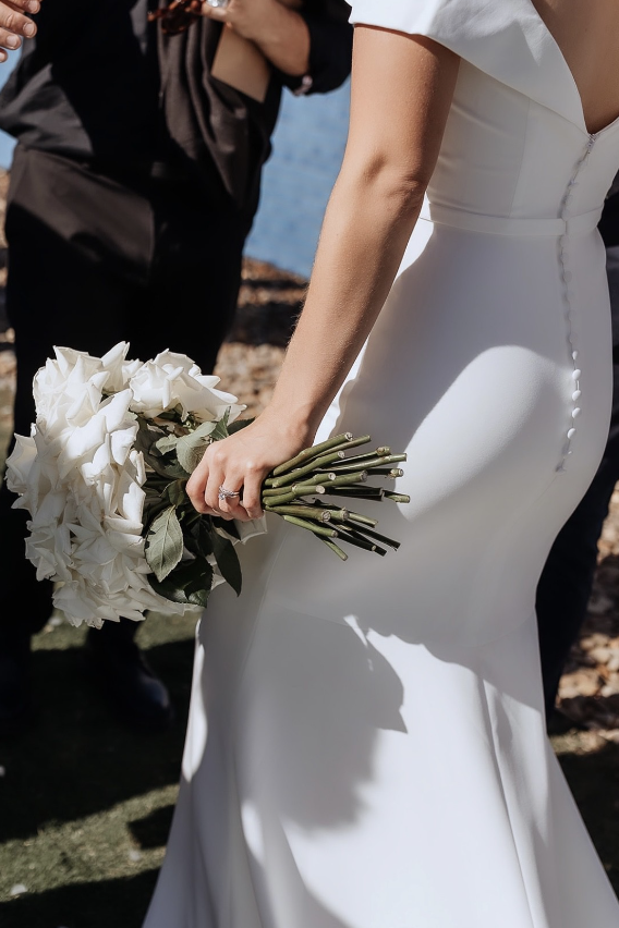 Minimalist Mermaid Wedding Dress with Off-the-Shoulder Sleeves and Sweet V-Neckline