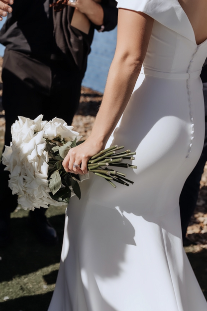 Minimalist Mermaid Wedding Dress with Off-the-Shoulder Sleeves and Sweet V-Neckline