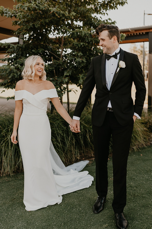 Minimalist Mermaid Wedding Dress with Off-the-Shoulder Sleeves and Sweet V-Neckline