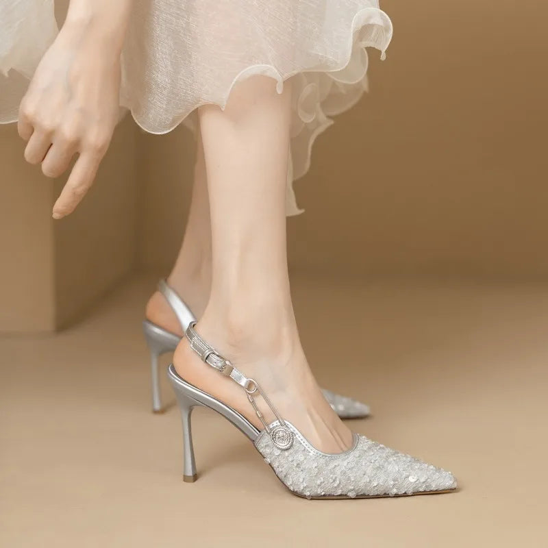 Spring & Summer Sequined Stilettos – Pointed Toe Banquet Shoes with Straight Buckle