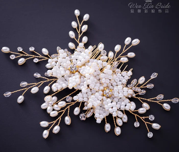 Metal Leaf & Pearl Crepe Bridal Hair Comb