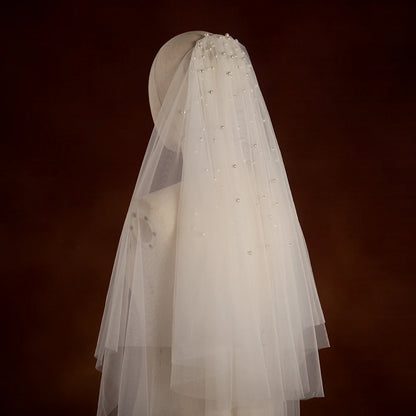 2-Tier Pearl Beaded Wedding Veil – Soft Tulle Bridal Accessory