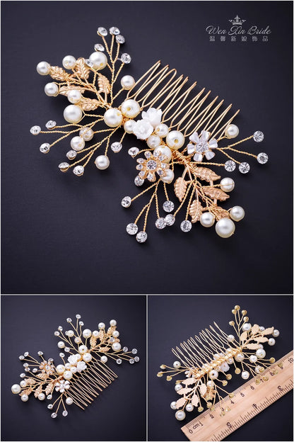 Metal Leaf & Pearl Crepe Bridal Hair Comb