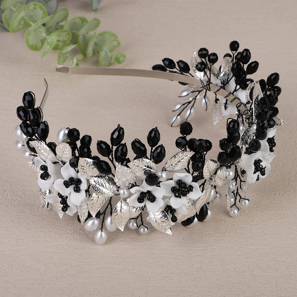 Trendy Flower Leaf Bridal Crown – Pearl Crystal Wedding Headband