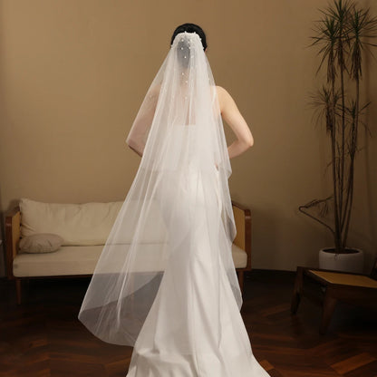 2-Tier Pearl Beaded Wedding Veil – Soft Tulle Bridal Accessory