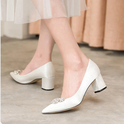 White Rhinestone Bridal Pumps – Thick Heel Pointed Toe Mid-Heel Wedding Shoes