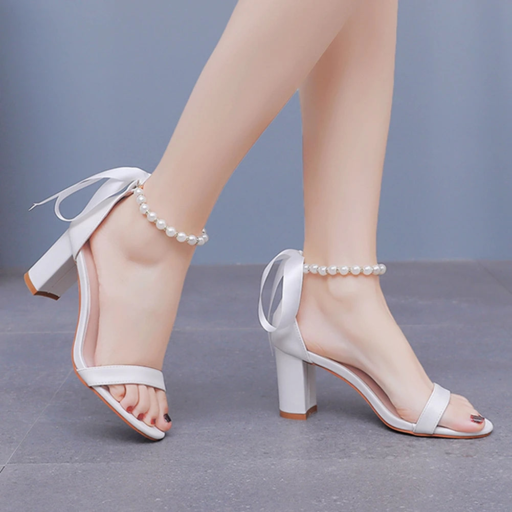 White Beaded Peep Toe Sandals – Summer High Heel Buckle Strap Wedding Shoes