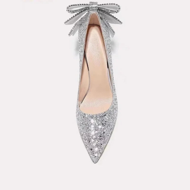 French Silver Sequin Wedding Pumps – Elegant High Heels with Rhinestone Bow