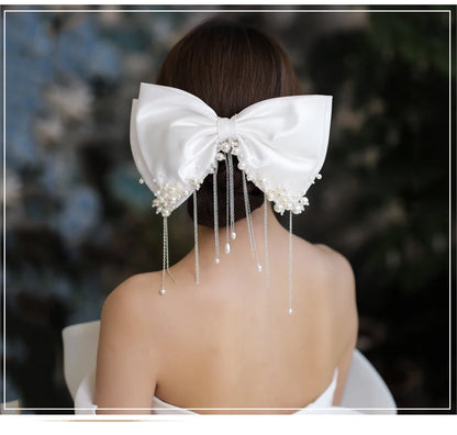 White Beaded Bow Bridal Hair Clip