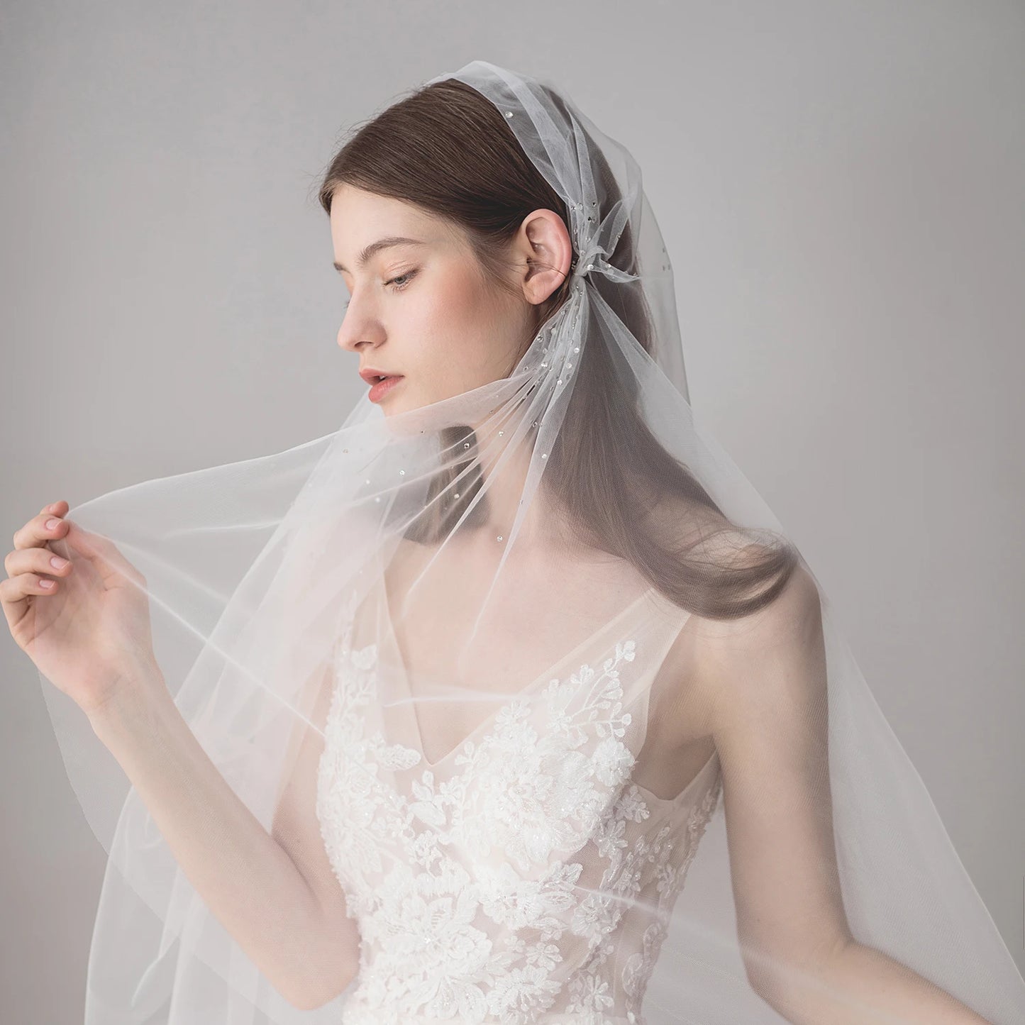 Canan Crystal Beaded Long Bridal Veil – Soft Tulle