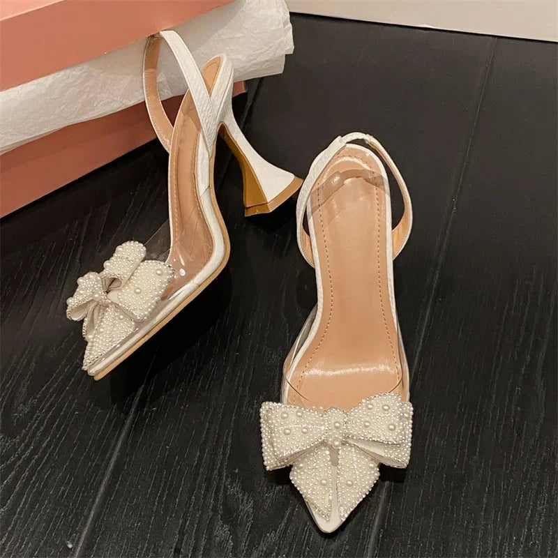 Eilyken Spring Butterfly-knot PVC Transparent Bead Pumps – Pointed Toe High Heel Party Mules