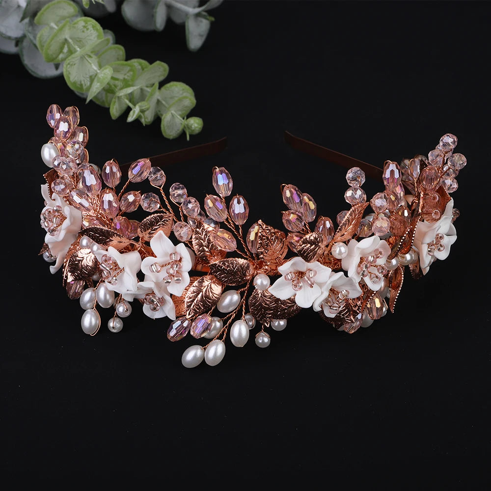 Trendy Flower Leaf Bridal Crown – Pearl Crystal Wedding Headband