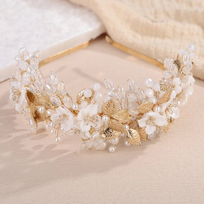 Trendy Flower Leaf Bridal Crown – Pearl Crystal Wedding Headband