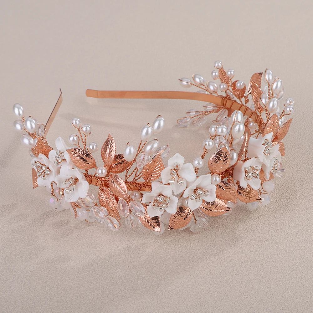 Trendy Flower Leaf Bridal Crown – Pearl Crystal Wedding Headband