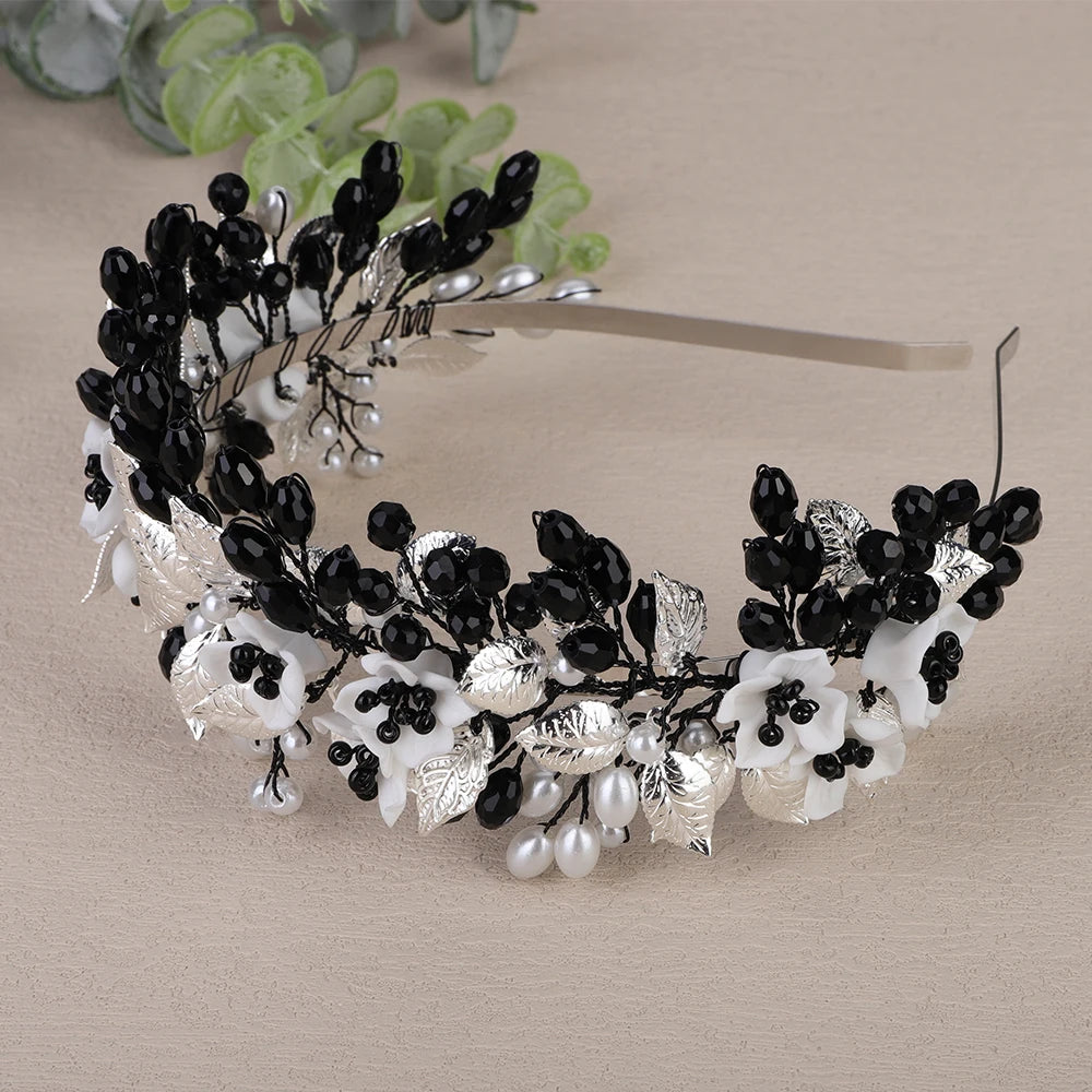 Trendy Flower Leaf Bridal Crown – Pearl Crystal Wedding Headband