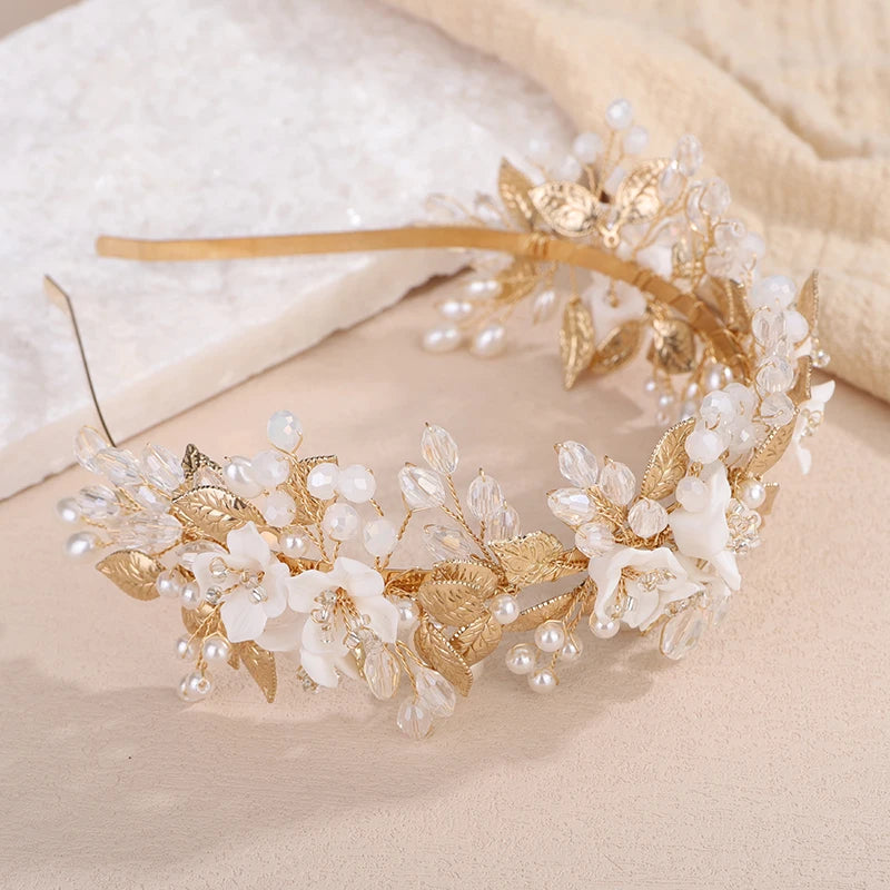 Trendy Flower Leaf Bridal Crown – Pearl Crystal Wedding Headband