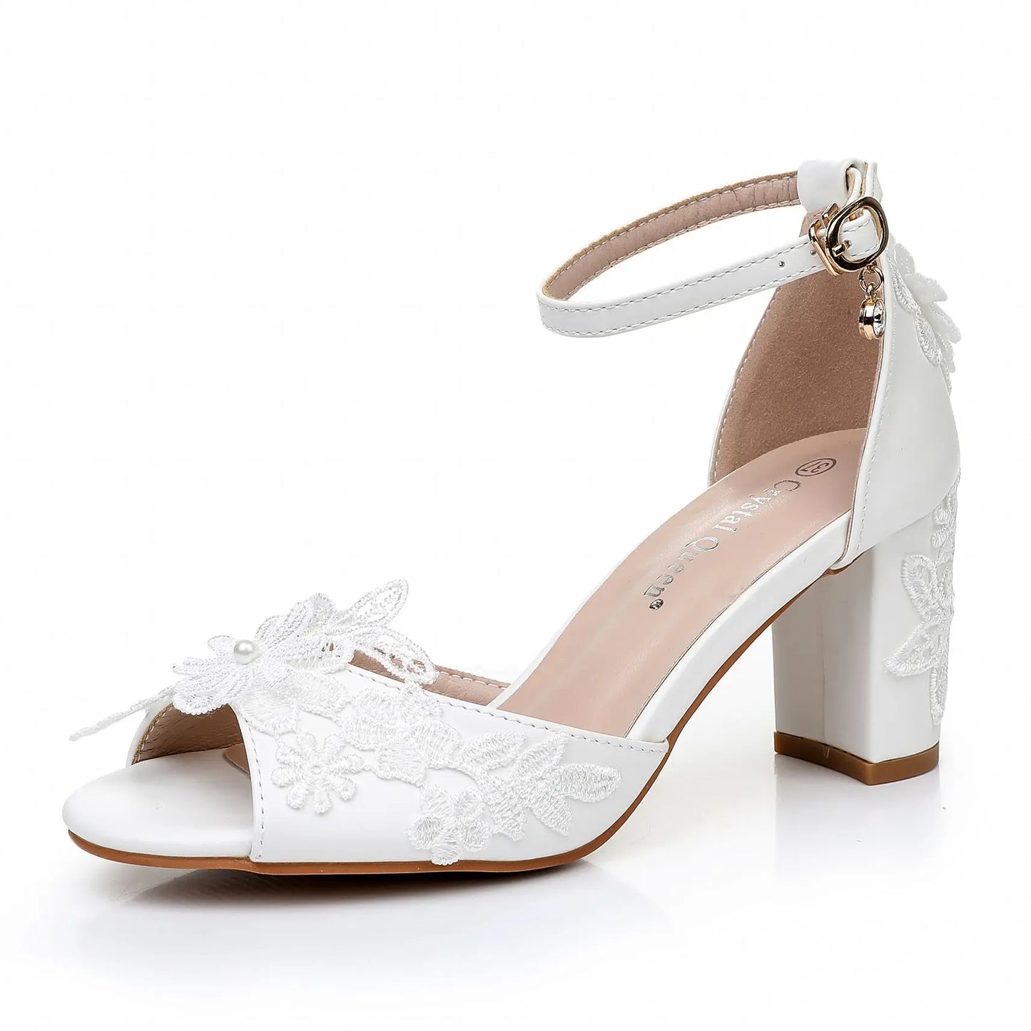 7CM White Lace Pearl Ribbon Sandals – Square Heel Open Toe Wedding Shoes