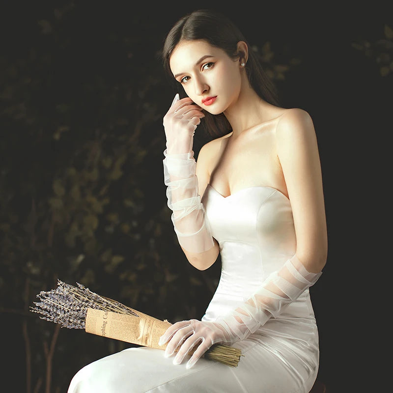 Elegant Long Tulle Gloves – White/Black Breathable Bridal Gloves