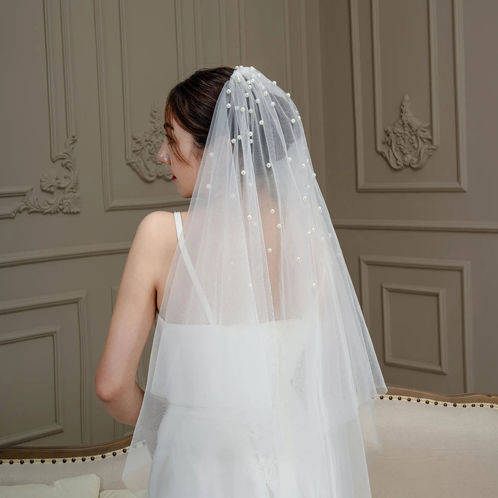 2-Tier Pearl Beaded Wedding Veil – Soft Tulle Bridal Accessory