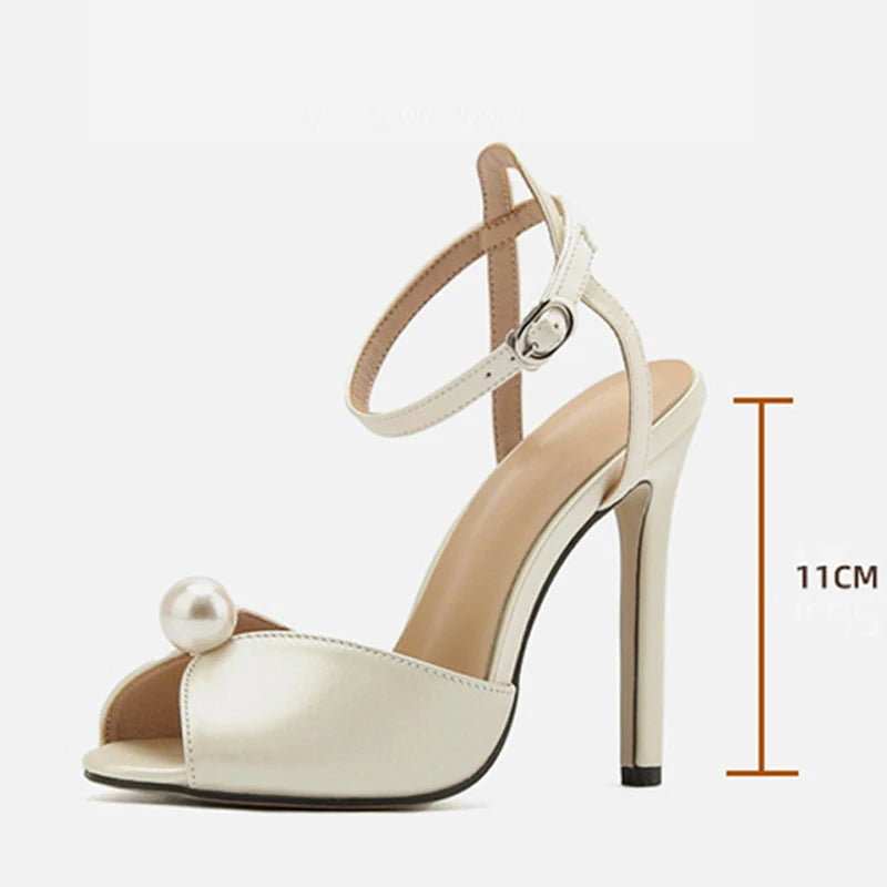 Liyke High-Quality Silk Peep Toe Gladiator Sandals – 11CM Thin Heels with Pearl & Ankle Strap