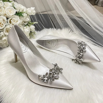 New White Champagne Bridal Shoes – Faux Silk Satin Rhinestone Stiletto Pumps