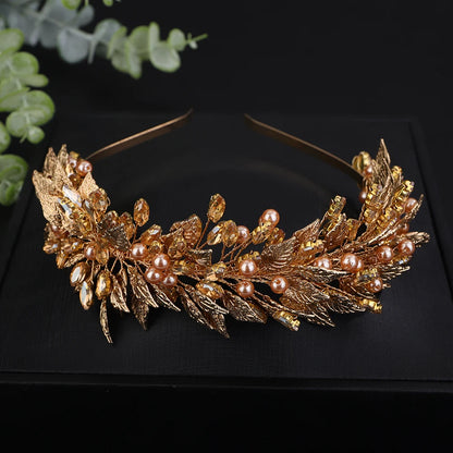 Trendy Green Pearl Rhinestone Crown – Gold Leaf Wedding & Party Tiara