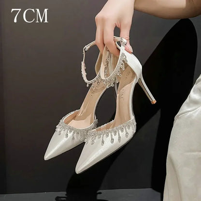 White Satin Wedding Pumps – Rhinestone Fringe High Heels for Bridesmaids