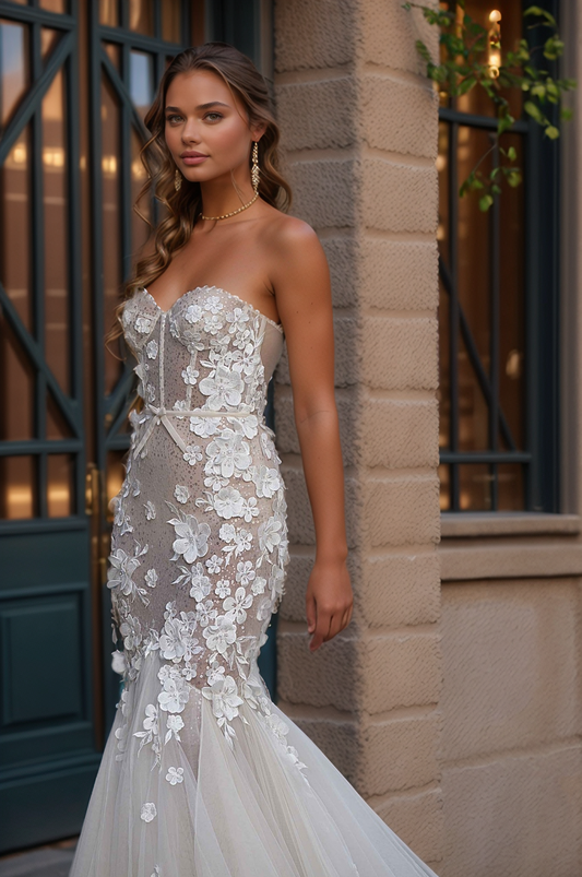 Glamorous Strapless Sheer Corset Mermaid Wedding Dress with Floral Appliqués