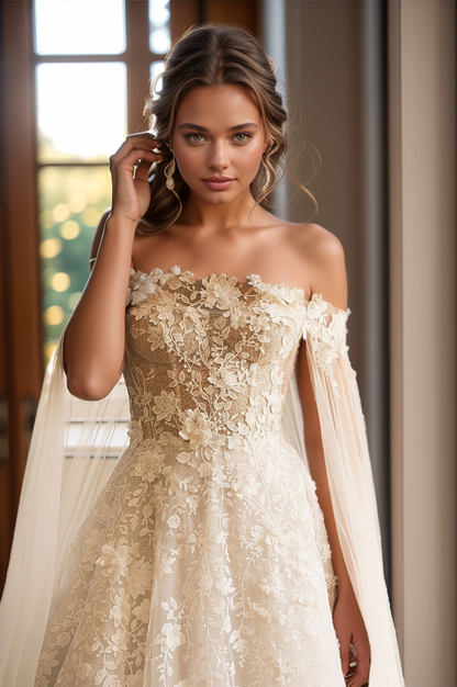 Regal Off-Shoulder Floral Lace A-Line Wedding Dress with Cathedral Train