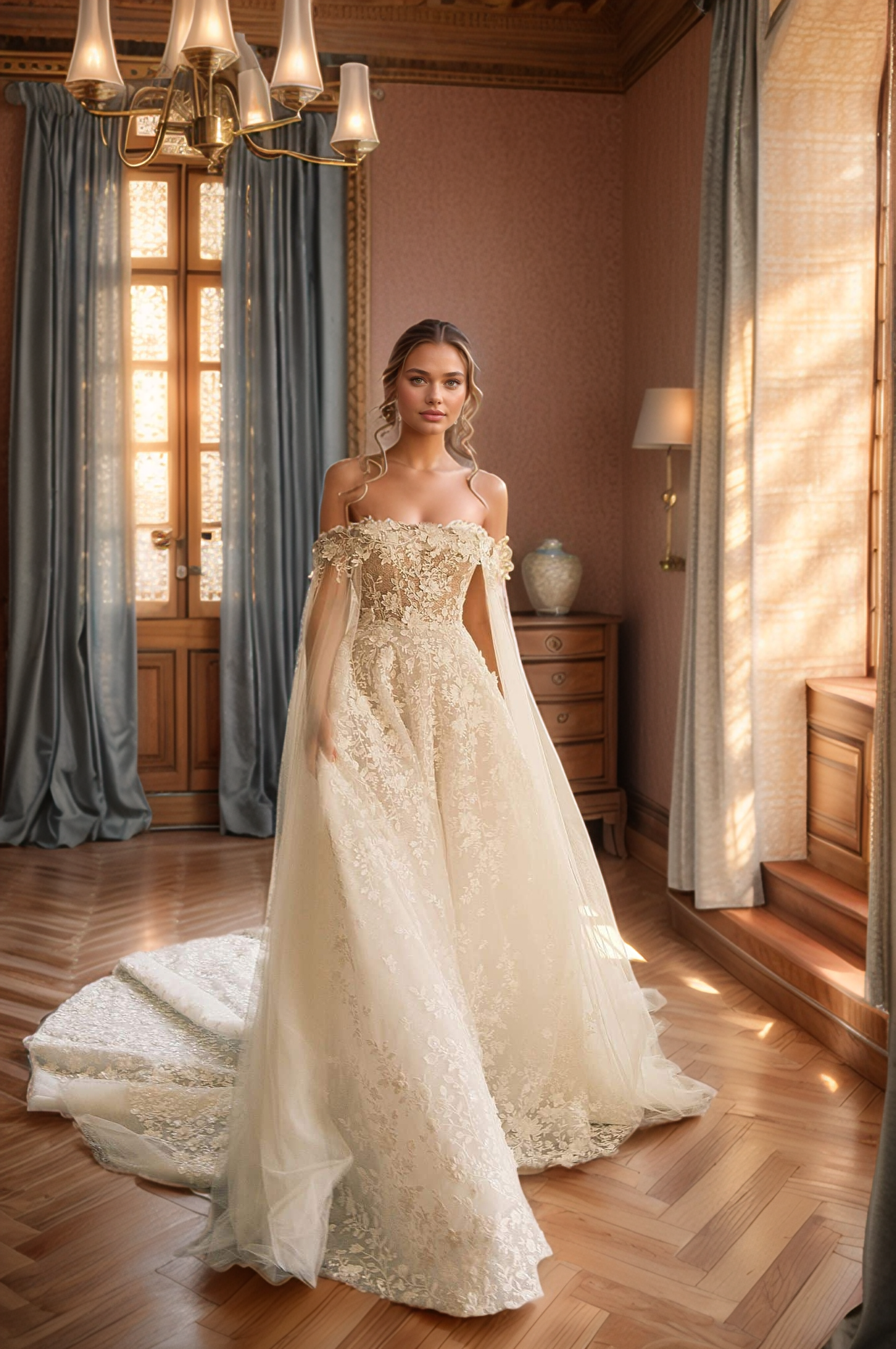 Regal Off-Shoulder Floral Lace A-Line Wedding Dress with Cathedral Train