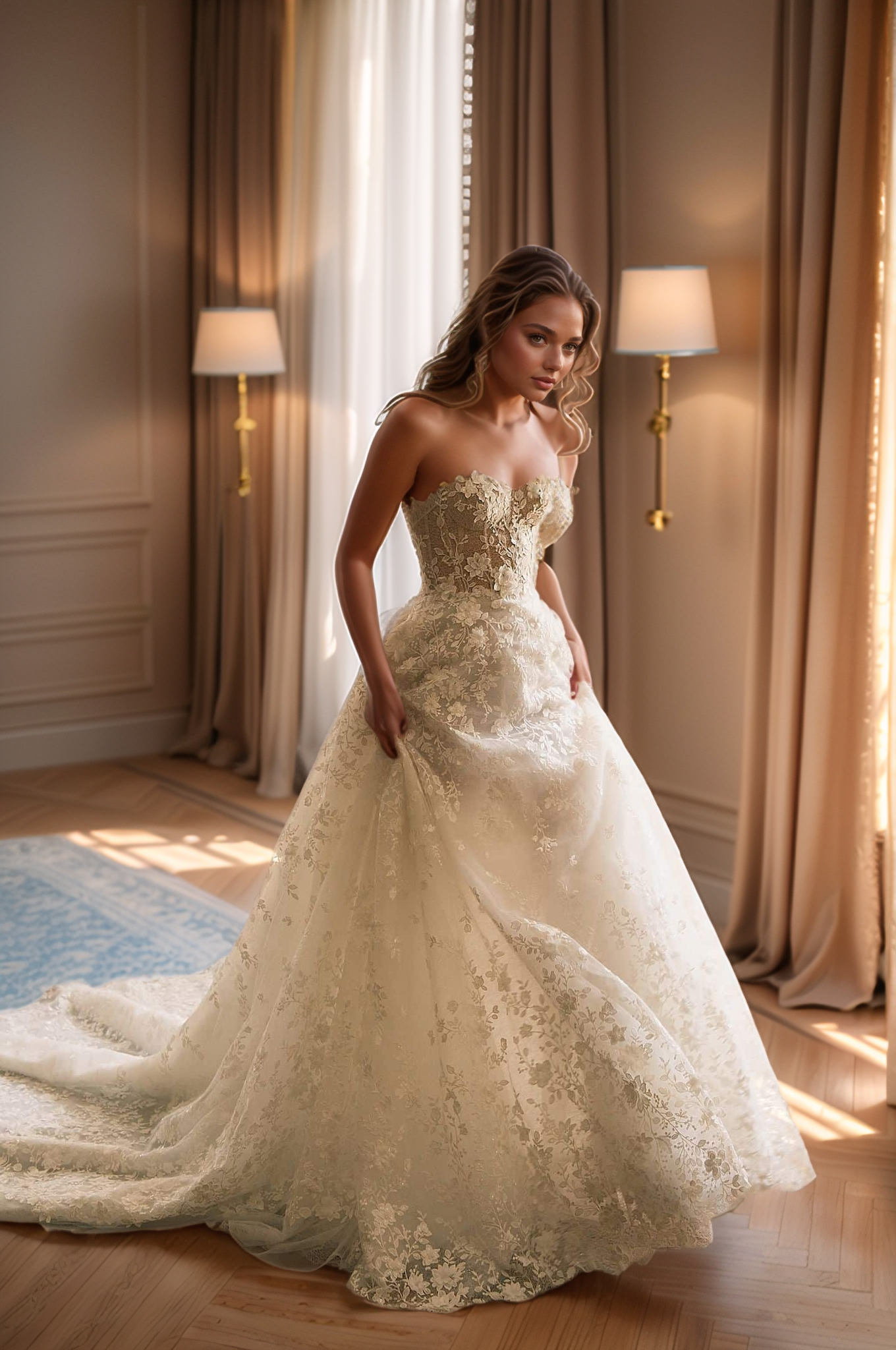 Regal Off-Shoulder Floral Lace A-Line Wedding Dress with Cathedral Train