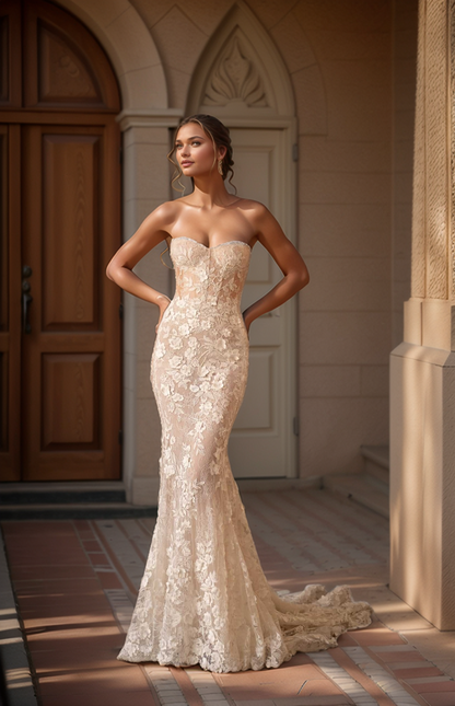 Elegant Off-Shoulder Lace Mermaid Wedding Dress with Detachable Train