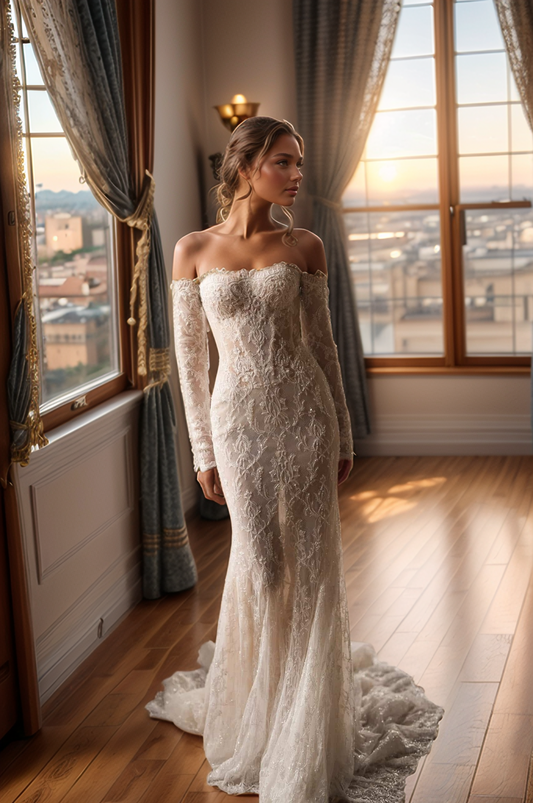 Elegant Off-Shoulder Long-Sleeve Lace Wedding Dress with Sheer Illusion