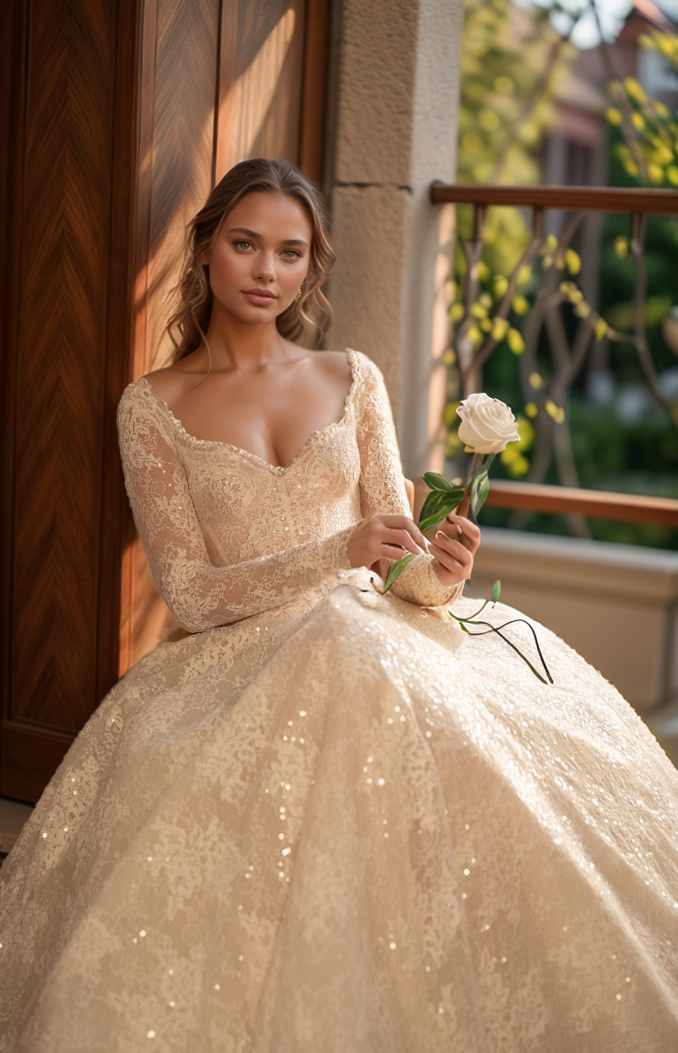 Regal Champagne Lace A-Line Wedding Dress with Long Sleeves