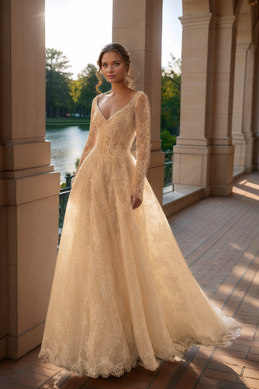 Regal Champagne Lace A-Line Wedding Dress with Long Sleeves