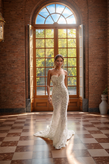 Elegant Strapless Floral Lace Mermaid Wedding Dress with Sheer Corset