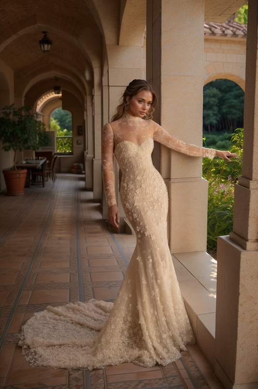 Elegant Sheer High-Neck Lace Mermaid Wedding Dress with Long Sleeves