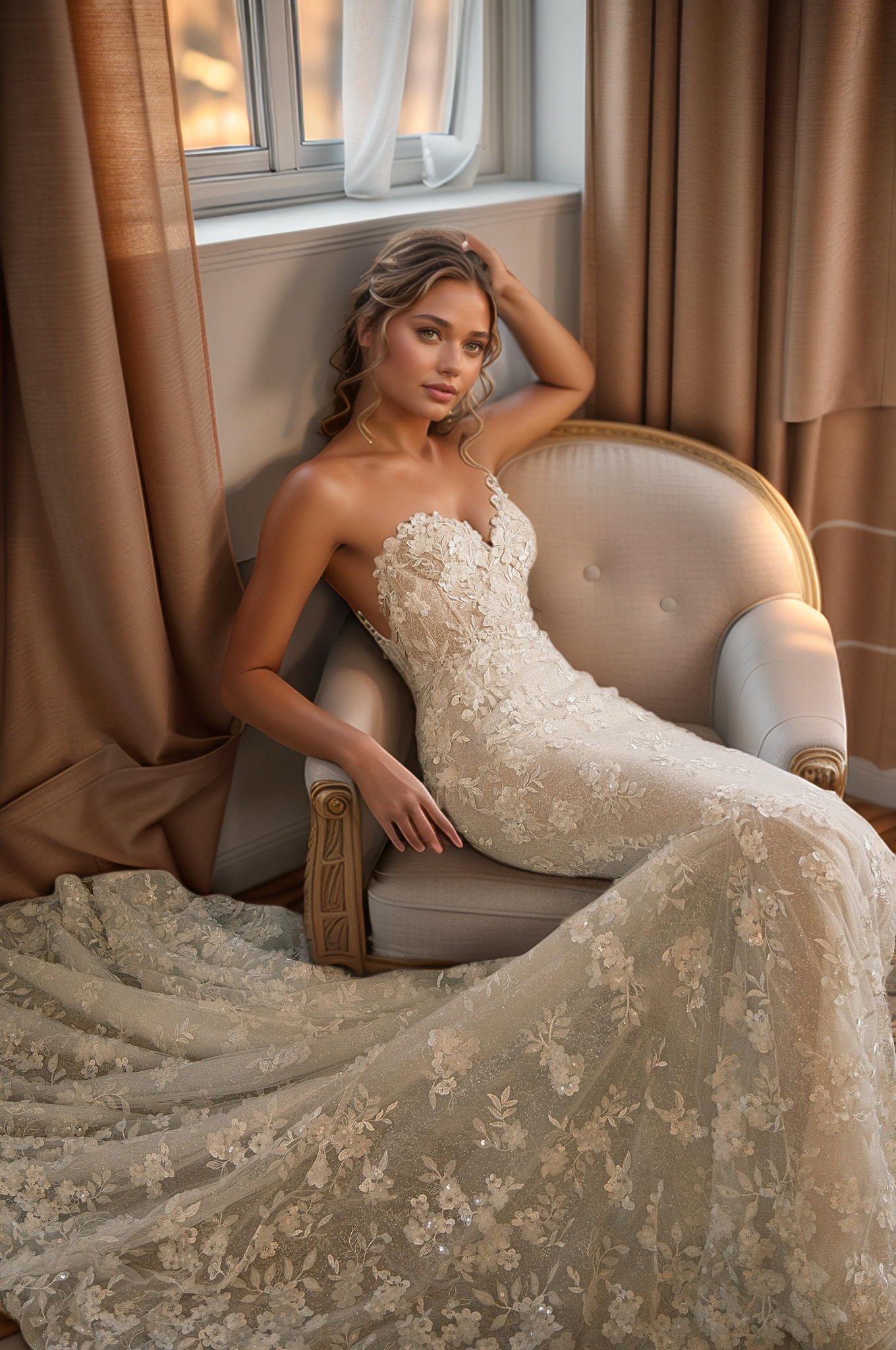 Romantic Floral Lace Strapless Mermaid Wedding Dress with Sweetheart Neckline