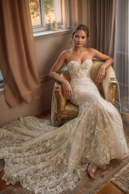 Romantic Floral Lace Strapless Mermaid Wedding Dress with Sweetheart Neckline