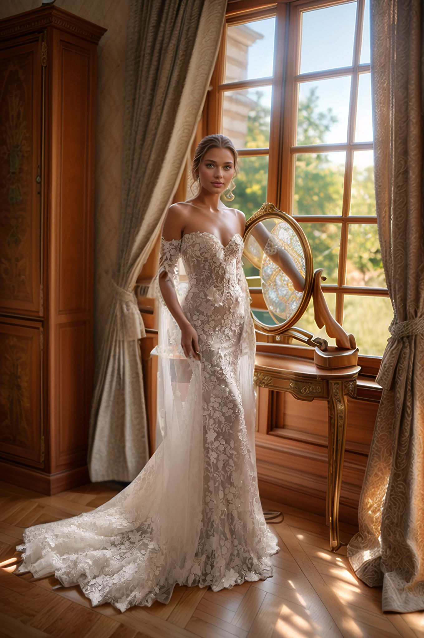 Elegant Off-Shoulder Floral Lace Wedding Dress with Detachable Sleeves