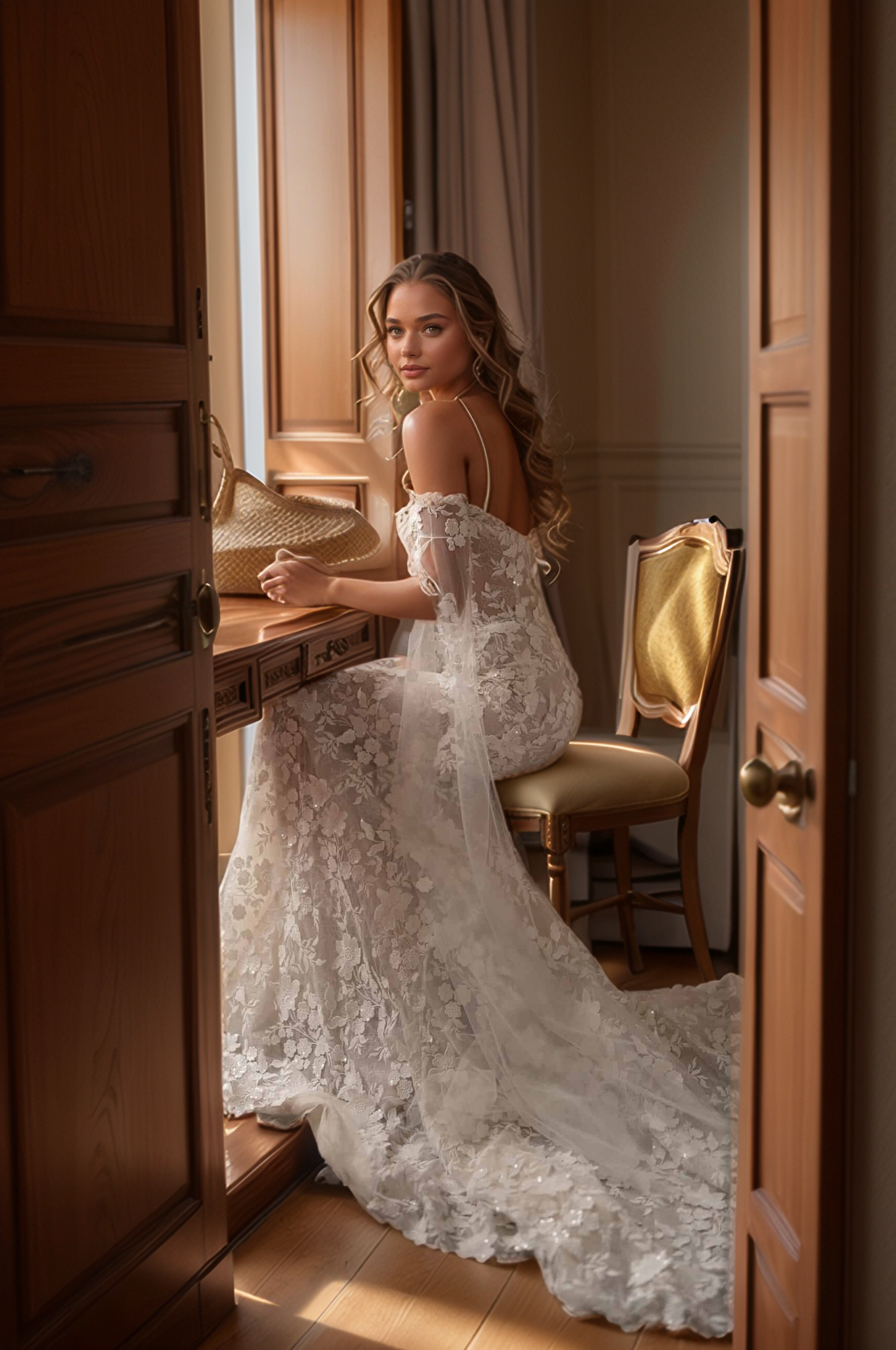 Elegant Off-Shoulder Floral Lace Wedding Dress with Detachable Sleeves