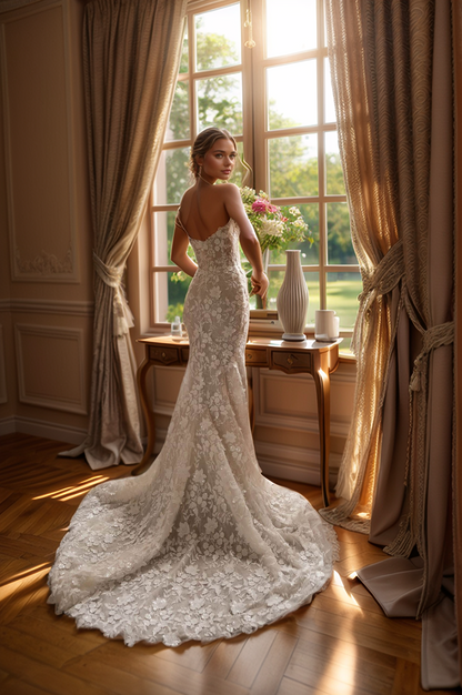 Elegant Off-Shoulder Floral Lace Wedding Dress with Detachable Sleeves