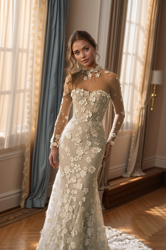 Regal High-Neck Sheer Lace Wedding Gown with Floral Appliqués