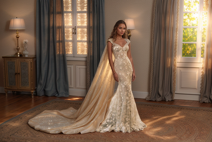 Regal High-Neck Sheer Lace Wedding Gown with Floral Appliqués