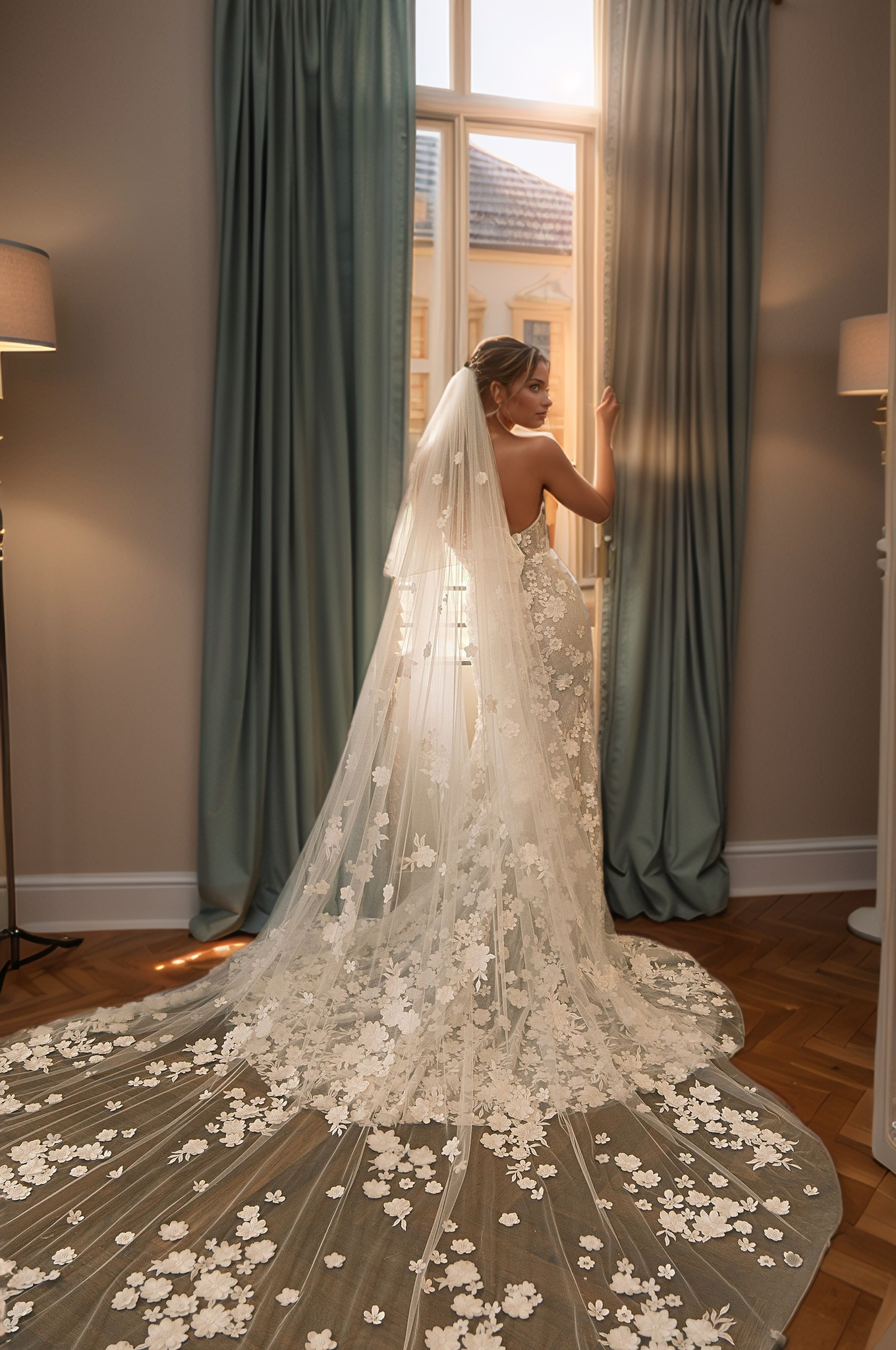 Regal High-Neck Sheer Lace Wedding Gown with Floral Appliqués