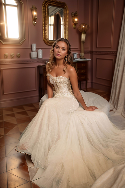 Romantic Sheer Lace Mermaid Wedding Dress with 3D Floral Appliqués