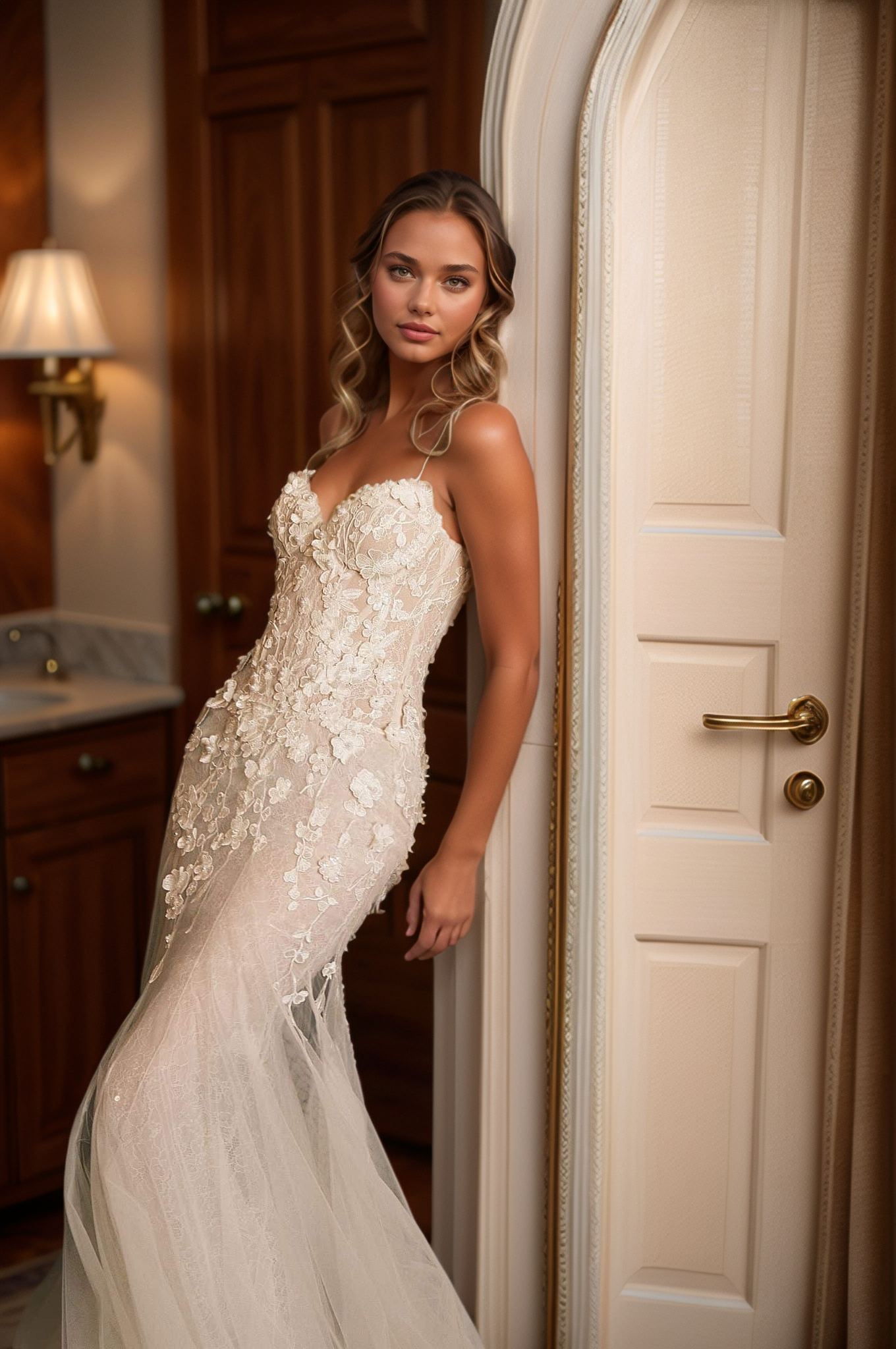 Romantic Sheer Lace Mermaid Wedding Dress with 3D Floral Appliqués