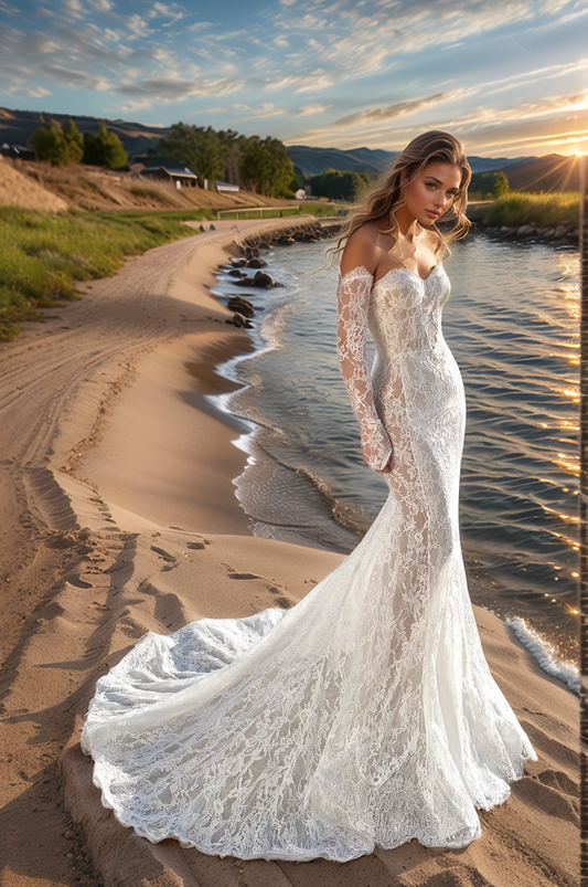 Romantic Off-Shoulder Lace Wedding Dress with Detachable Sleeves & Flowing Train