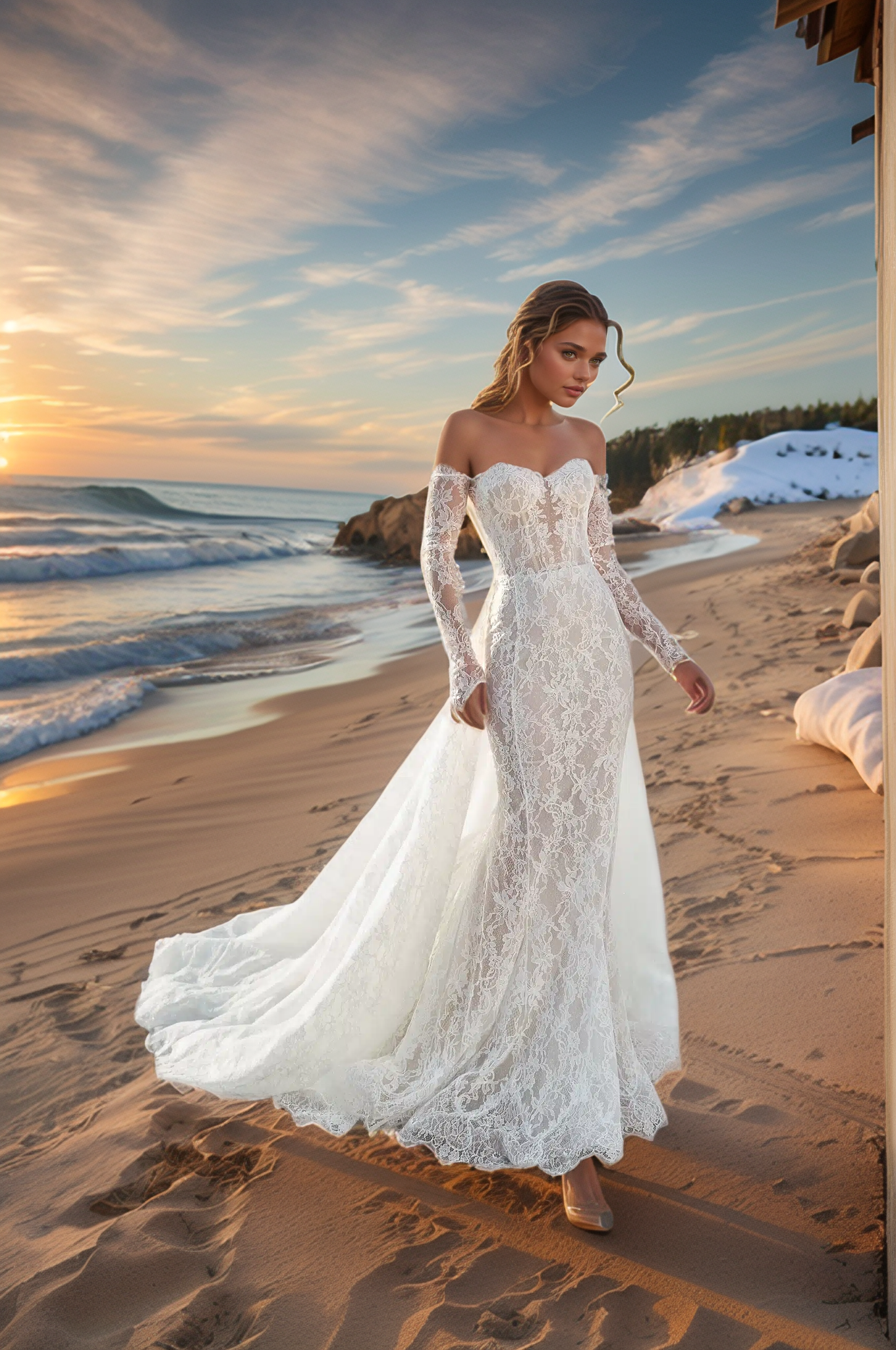 Romantic Off-Shoulder Lace Wedding Dress with Detachable Sleeves & Flowing Train