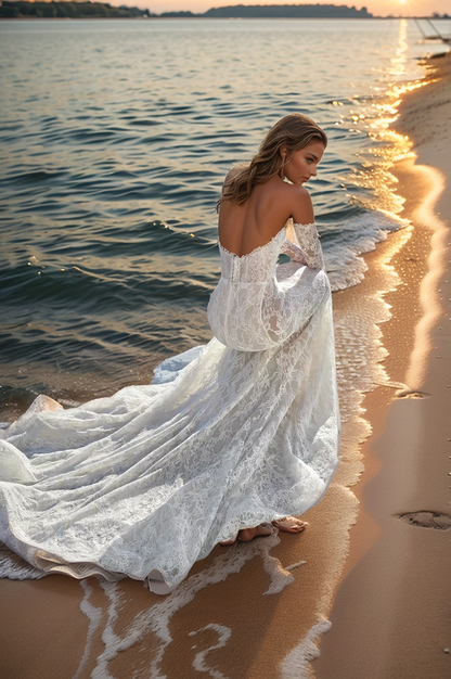 Romantic Off-Shoulder Lace Wedding Dress with Detachable Sleeves & Flowing Train